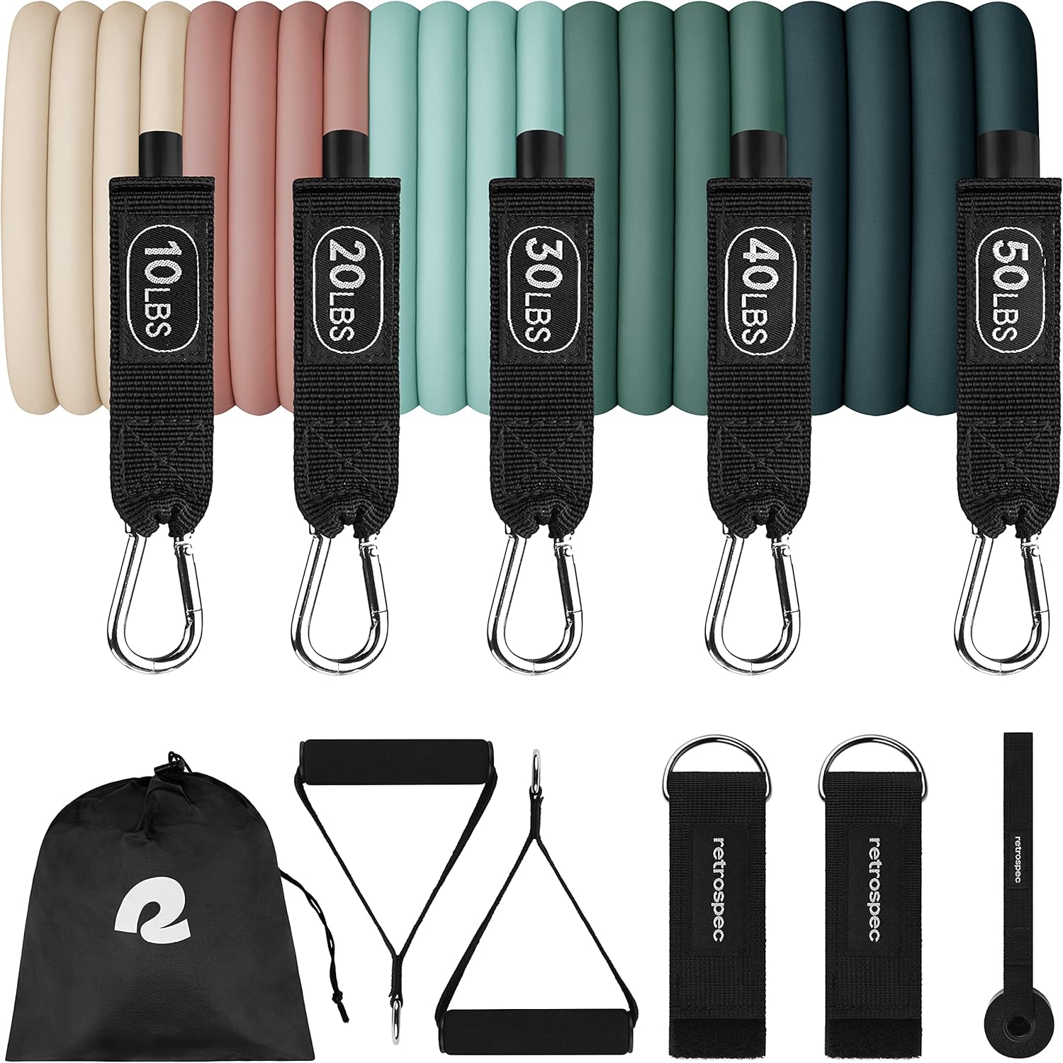 Retrospec Resistance Bands Set - 5 Stackable Bands with Handles & Door Anchor | Portable Fitness Equipment for Yoga & Therapy