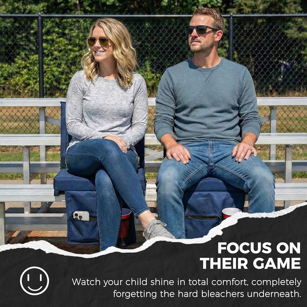Sport Beats Stadium Seats - Comfortable Bleacher Chairs with Back Support & Cushion | Navy Blue, 2-Pack - 17" W x 12" D x 16.5" H