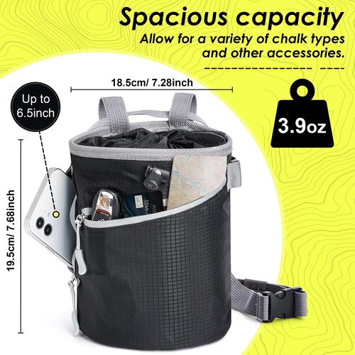 MIUONO Chalk Bag for Rock Climbing, Bouldering Bag Bucket with 2 (65g) Chalk Balls, 2 Waterproof Zipper for Gymnastics, Cross Fit, and Lifting (Large)