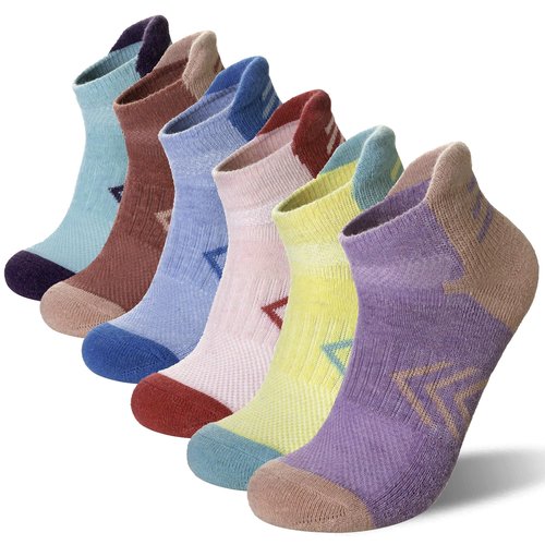 Velice Merino Wool Ankle Hiking Running Socks for Women Compression Support Thick Athletic Cushion Breathable No Show Socks 6 Pairs(Multicolor, Medium)