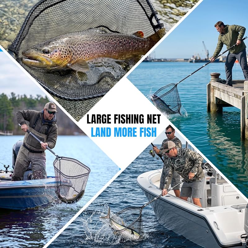 PLUSINNO 3.4 Ft Fixed Telescoping Fishing Net, Large Landing Net for Bass Trout Kayak Fishing