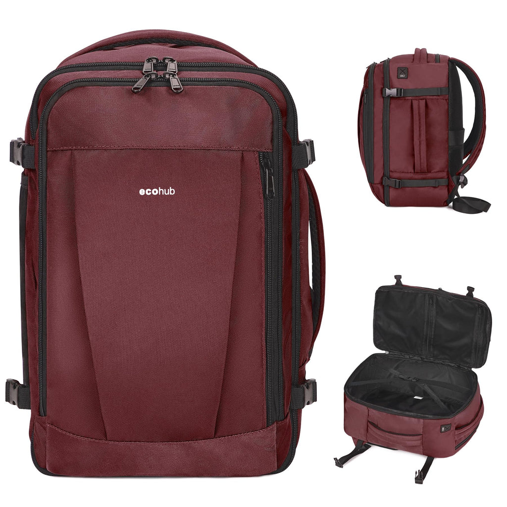ECOHUB Travel Backpack 18x14x8 Spirit Airlines Personal Item Bag Carry On Backpack 13 Pockets Large Work Casual Daypack for men Airline Approved Waterproof Gym Backpack with Charging Port, Red