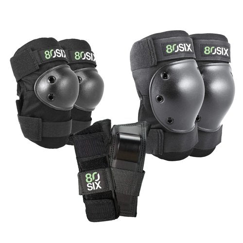 80Six Pad Set with Wristguards, Elbow Pads, and Knee Pads for Kids, Black, Small/Medium-Ages 8+