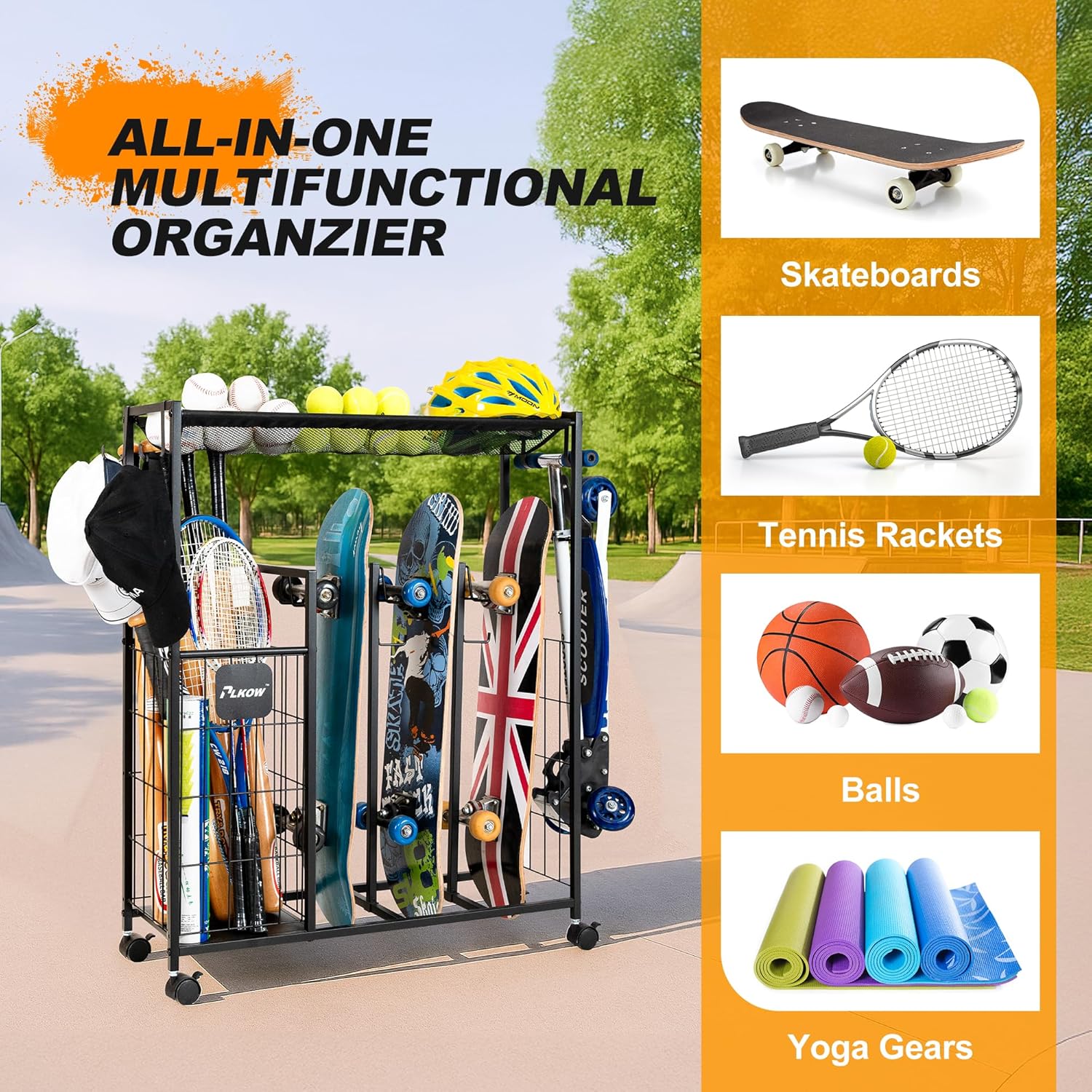PLKOW Skateboard Storage Rack - Heavy-Duty Organizer with Wheels for Skateboards, Scooters & Gear