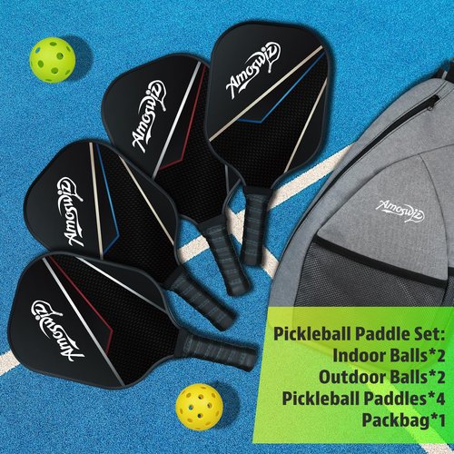 Amoswiz Pickleball Paddles Set of 4, Black Pickleball Rackets with 4 Pickleball Balls & a Backpack, Pickleball Gifts for Men & Women