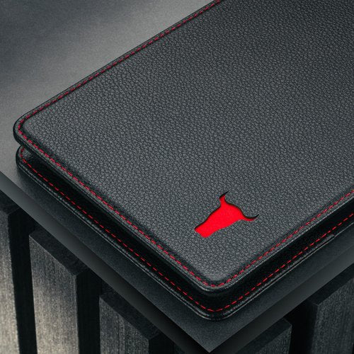 TORRO Large Golf Scorecard and Yardage Book Holder – Genuine Leather Pro Golf Score Card and Yardage Wallet with Pencil (Black with Red Detail)