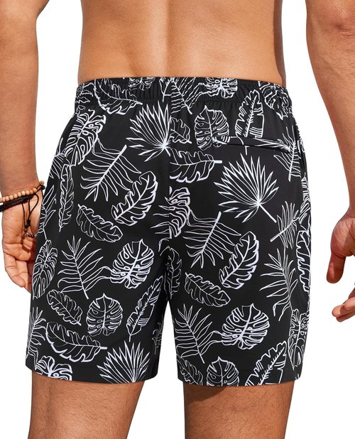 Gleeease Men's Swim Trunks - 7-Inch Quick-Dry Bathing Suit with Compression Liner & Zipper Pocket | Palm Tree Leaf Design