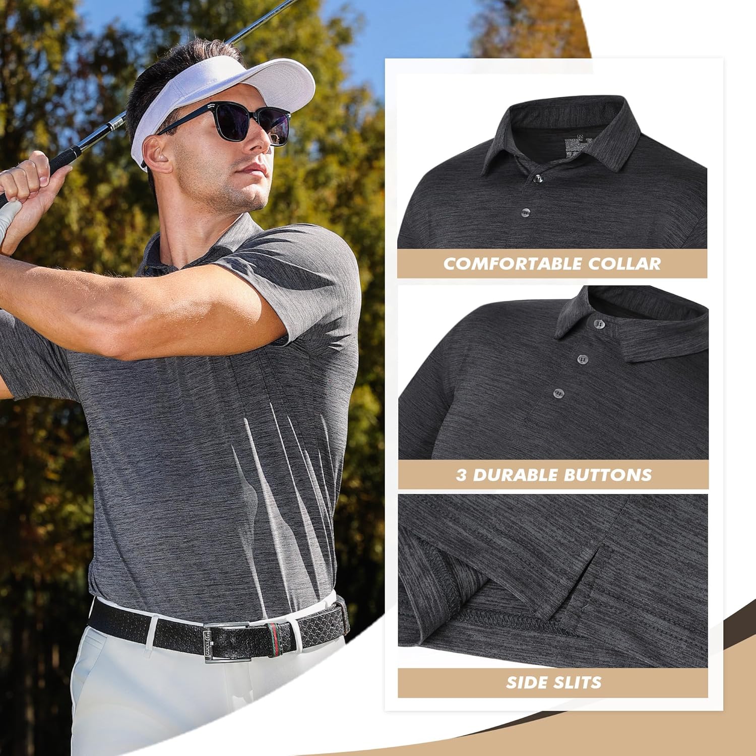 BOOJO Polo Shirts for Men - Quick-Dry Moisture-Wicking Black Short Sleeve Golf Tees for Casual & Athletic Wear