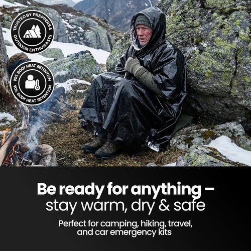 Wallaby 4-Pack Emergency Mylar Ponchos – Universal Fit Thermal Poncho with 90%+ Heat Retention, Lightweight Rain, Cold, Heat, Emergency Protection + Free Survival Guide (Matte Black)