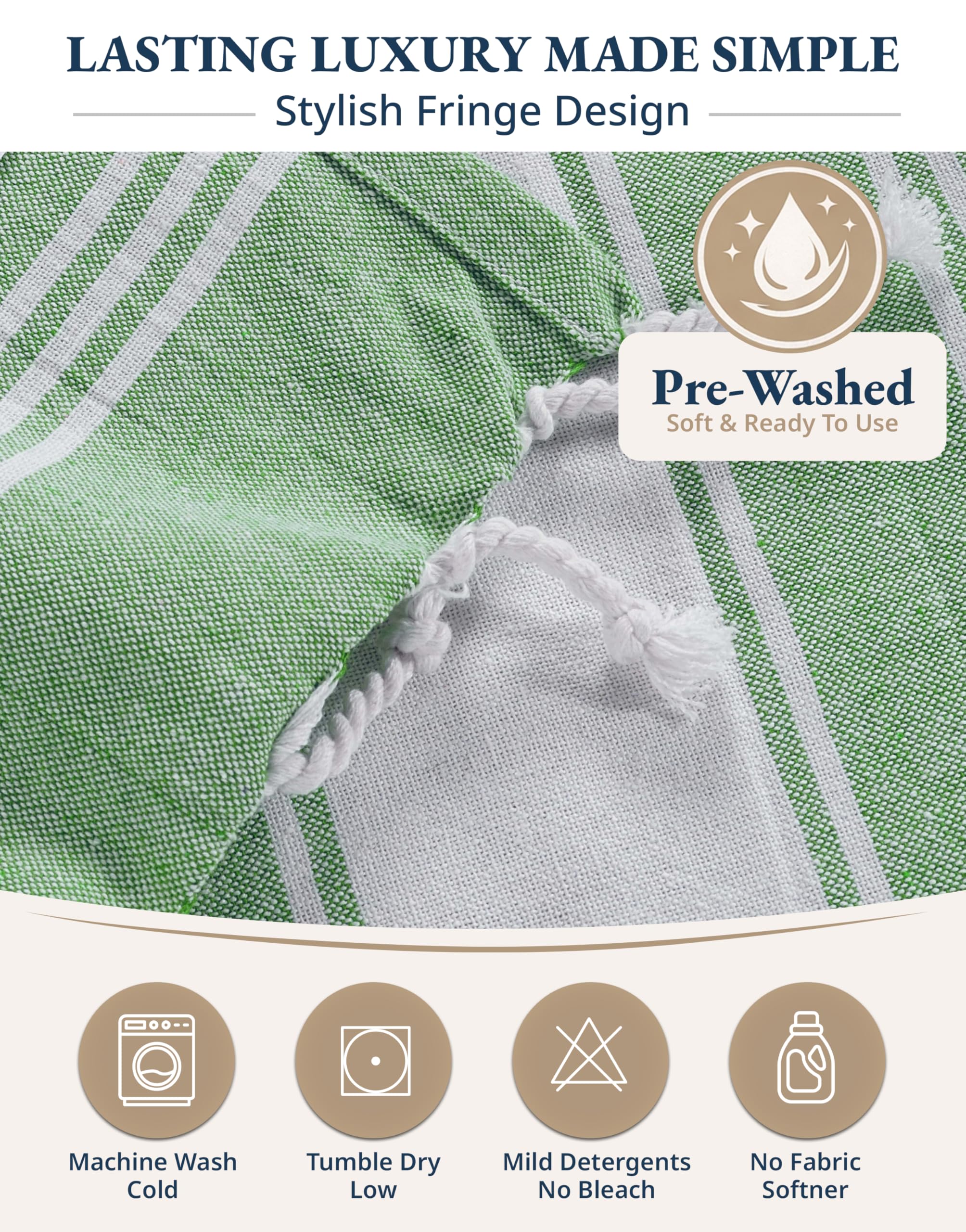 LANE LINEN Turkish Beach Towels, 2 Pack Extra Large Beach Towel, Pre-Washed for Soft Feel, Oversized Sand Free Quick-Dry Pool Towel, Beach Towels for Adults,39"x71" - Jade Green