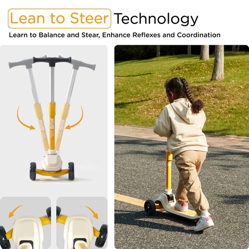 KUB Toddler Scooter for Kids Ages 2+, 3 Wheel Kick Scooter with LED Light-Up Wheels, Adjustable Height Handlebar, Lean-to-Steer, Anti-Slip Deck, Easy-Fold Design, Gift for Boys and Girls(Lemon Yellow)