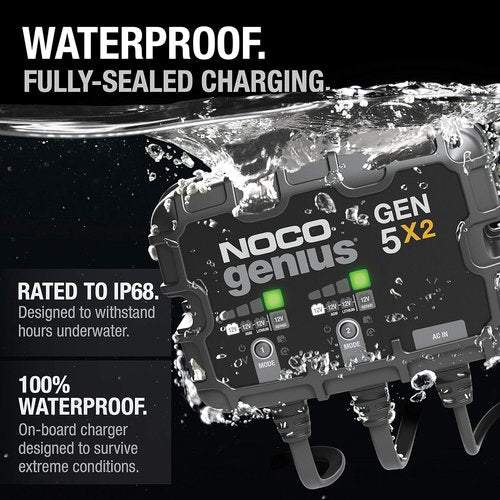 NOCO Genius GEN5X2 Onboard Battery Charger - 2-Bank, 10A, Waterproof, Overcharge Protection for 12V Batteries