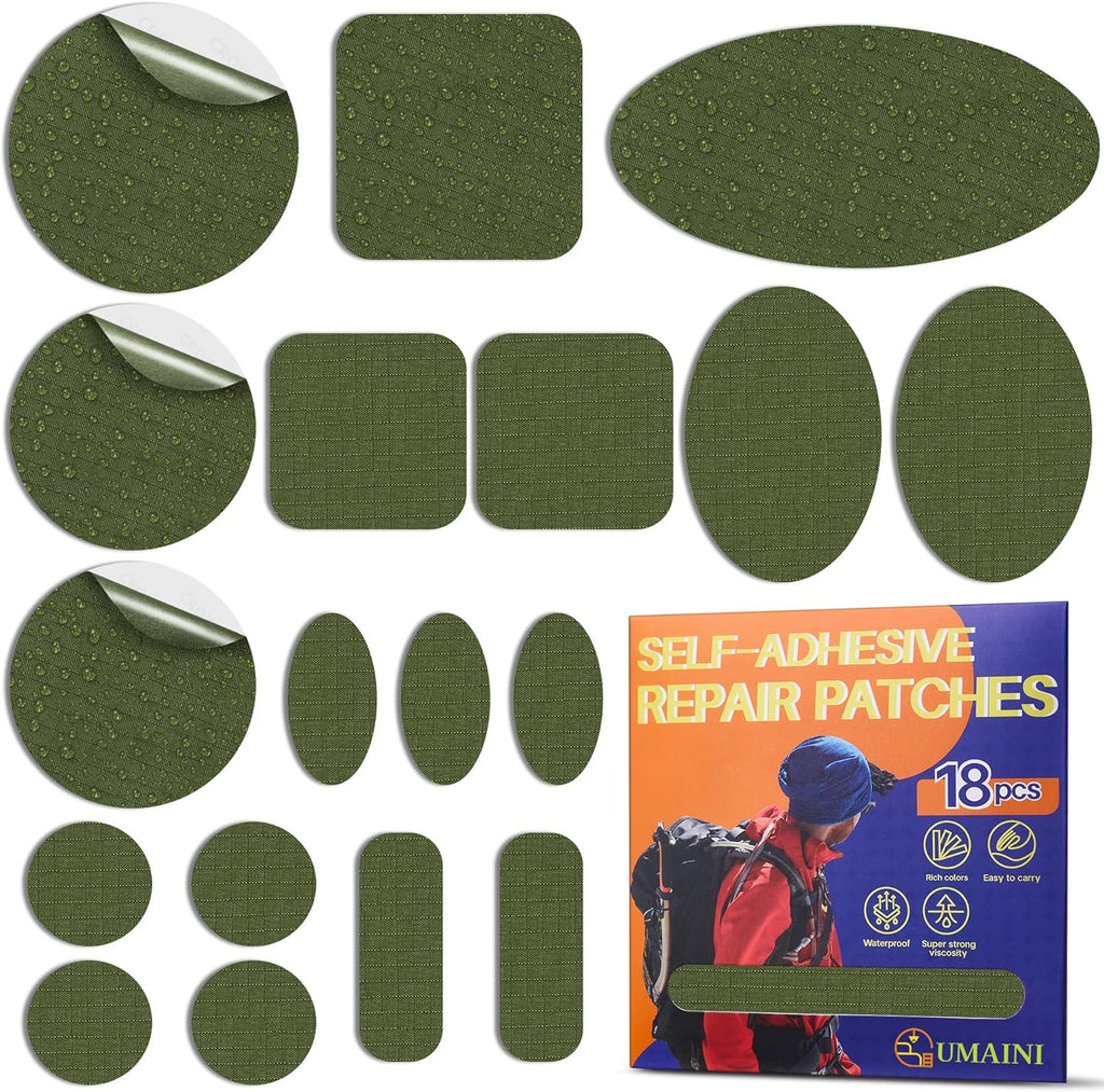 Tenacious | Down Jacket Repair Patch Kit - Waterproof Self-Adhesive Fabric Patches (18 Pcs, Army Green)