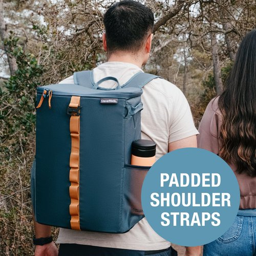 CleverMade Collapsible Backpack Cooler, 24 Can Insulated Backpack Cooler, Soft Sided Cooler Back Pack for Travel, Beach Cooler, Leakproof, Folds Flat - Ocean Cognac