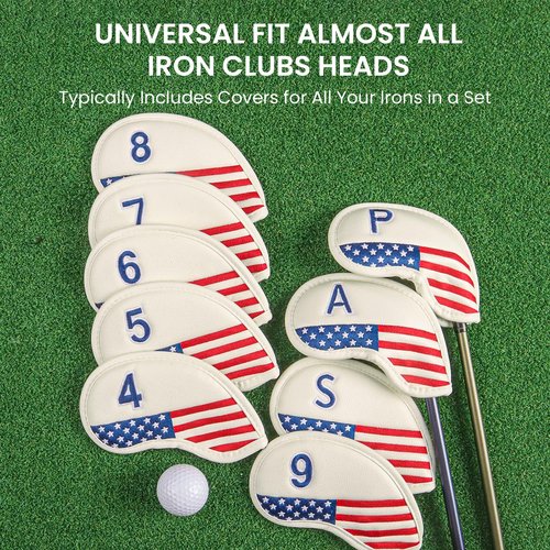 Amy Sport Golf Iron Head Covers Strong Magnetic Closure Value 9 Pack, Premium Synthetic Leather Deluxe Headcovers USA Flag Design, Universal Head Cover Fit Main Irons Clubs (White-USA Flag)