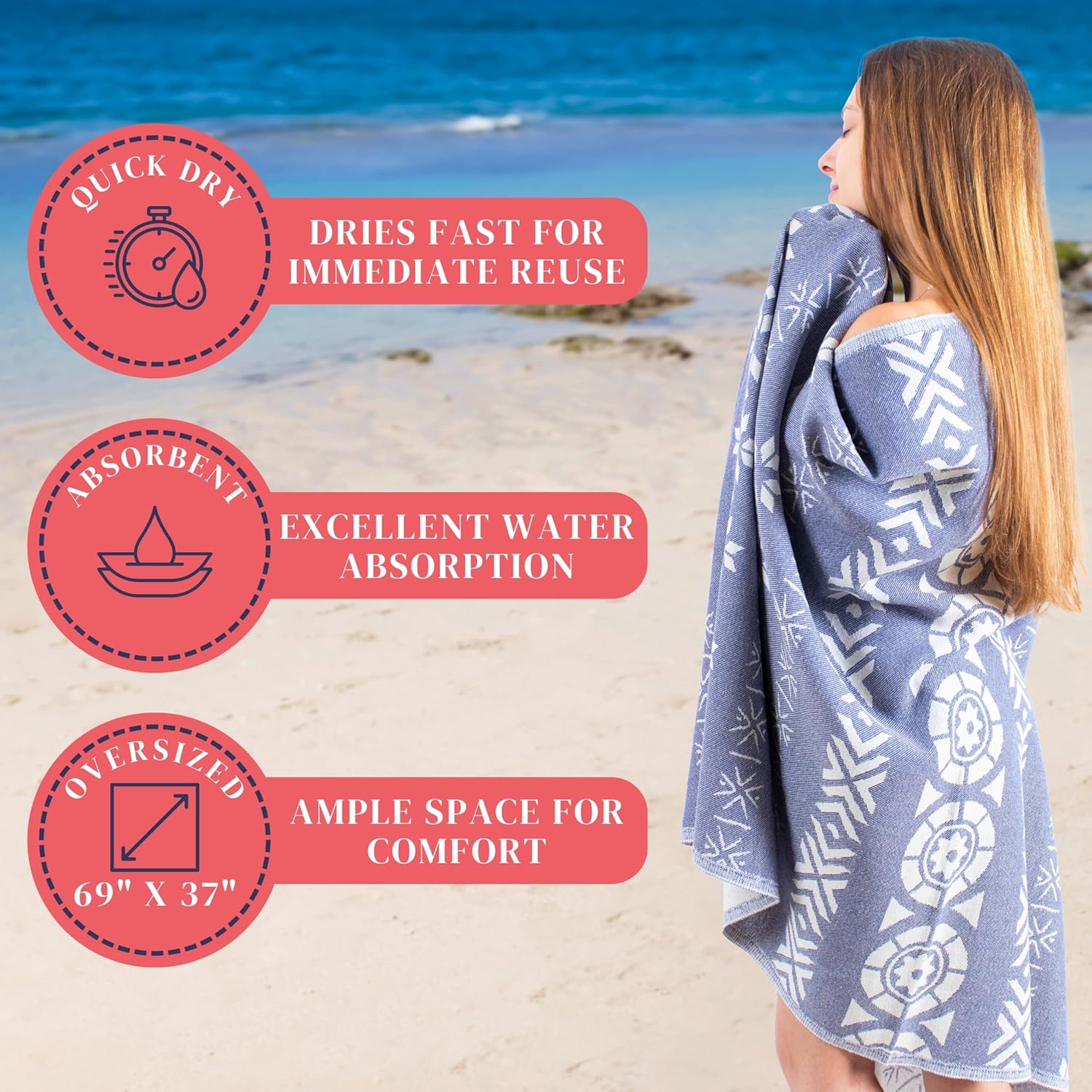 Turkish Towel Co. 100% Cotton Quick Dry Beach Towel - Oversized Sandproof Travel Towel (69 x 37 in) | Fast Drying, Packable, Cloud Design