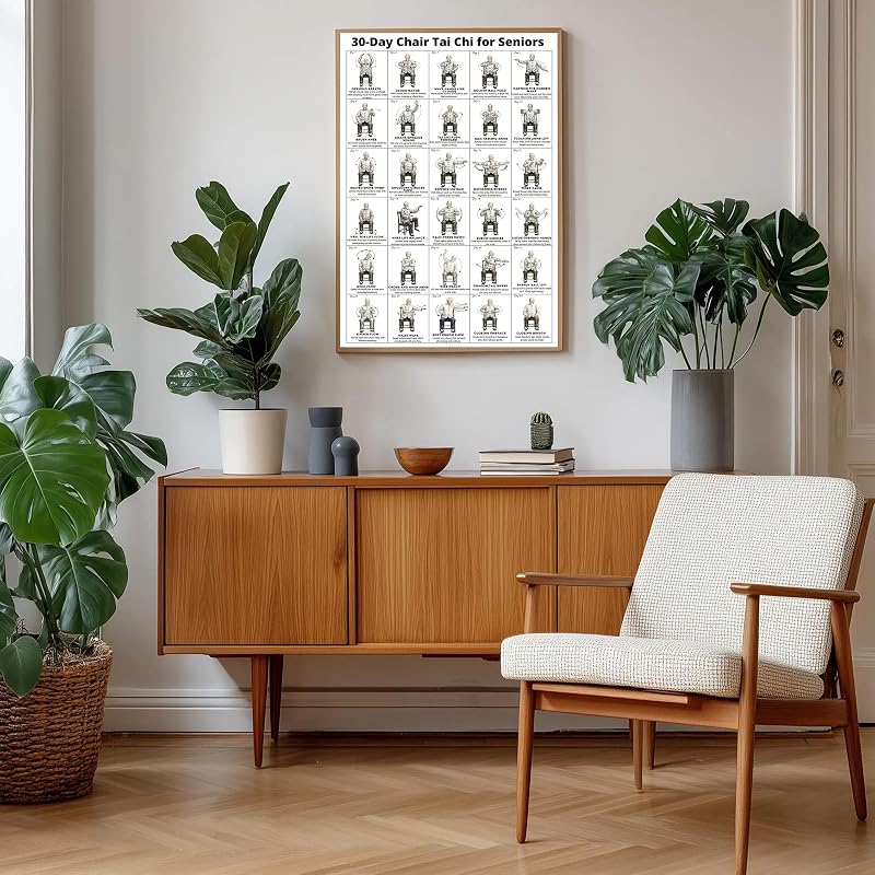 Chair Tai Chi Workout Chart for Seniors – Seated Exercises Canvas Wall Art (A) 24" x 16"