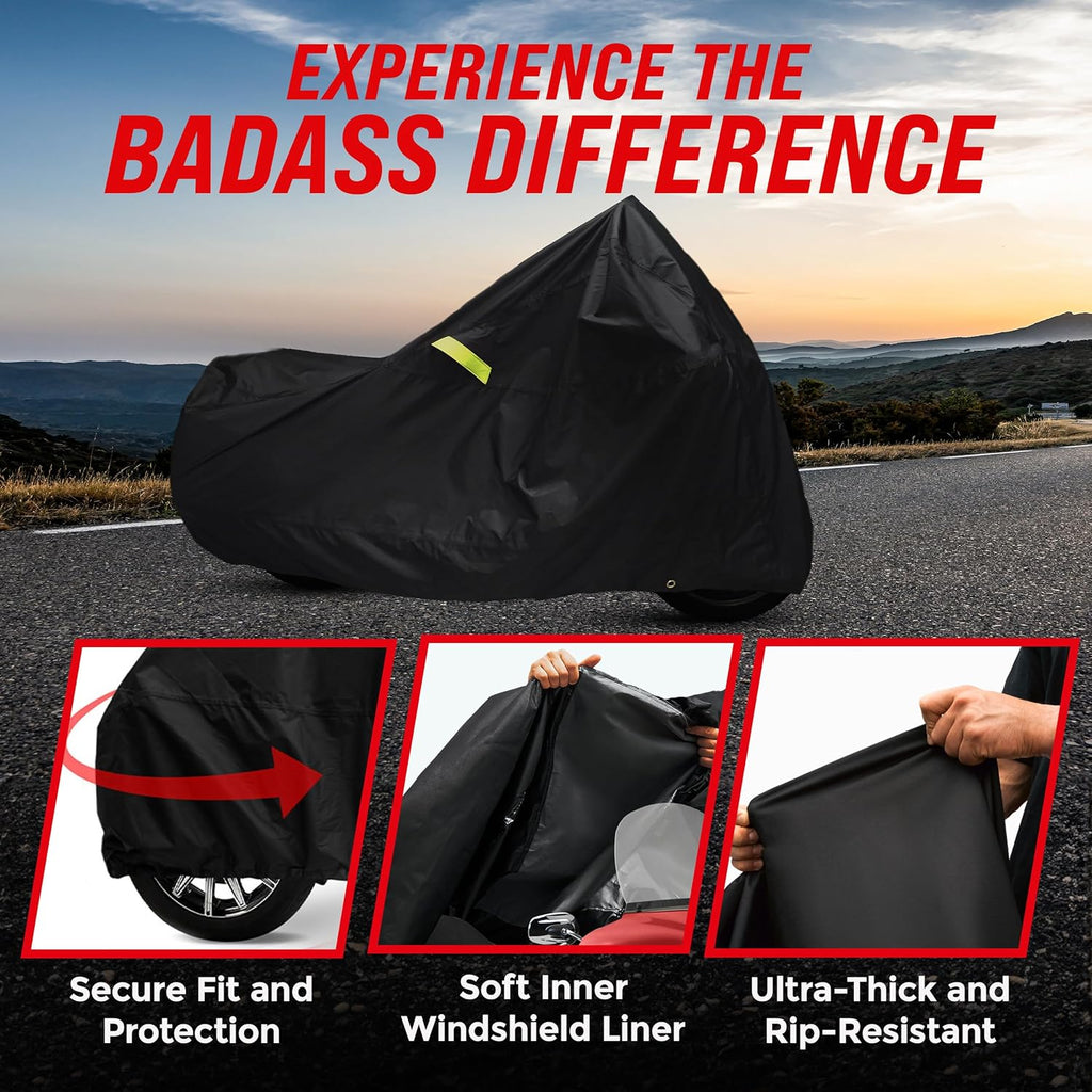 Badass Moto Motorcycle Cover - Waterproof & Heavy Duty All-Season Protection | Fits Harley Davidson & Cruiser Bikes, Large 97L