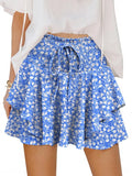 Caracilia Summer Shorts for Women Flowy Mini Skirts Elastic High Waist 2026 Tiered Ruffle Casual Golf Tennis Short Skorts Blue White Floral Medium