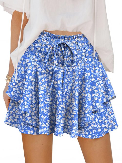 Caracilia Summer Shorts for Women Flowy Mini Skirts Elastic High Waist 2026 Tiered Ruffle Casual Golf Tennis Short Skorts Blue White Floral Medium