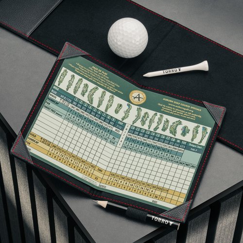 TORRO Large Golf Scorecard and Yardage Book Holder – Genuine Leather Pro Golf Score Card and Yardage Wallet with Pencil (Black with Red Detail)
