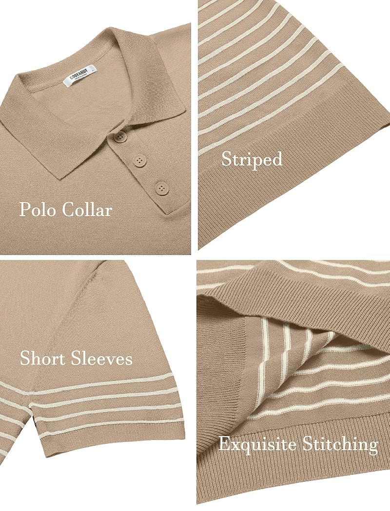 Khaki Striped Knit Polo Shirt for Men - Short Sleeve Button-Down Golf Essential