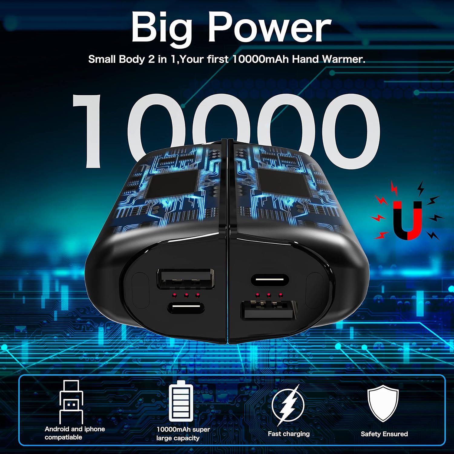 Skiennix Rechargeable Hand Warmers - 10000mAh Magnetic Electric Power Bank | 3 Heat Levels for Winter Camping & Hunting