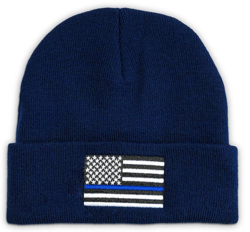 Chacon Tactical Patriotic Black Acrylic Beanie Hat (Acrylic, Thin Blue Line - Navy Blue)