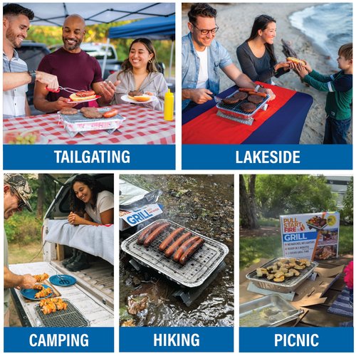 Pull Start Fire Grill | Single Use Portable Disposable Charcoal BBQ with Pull Start Matchless Ignition | Ready in 5 Min, 3 Hour Burn | Camping, Tailgating, Outdoor Cooking, No Cleanup Needed