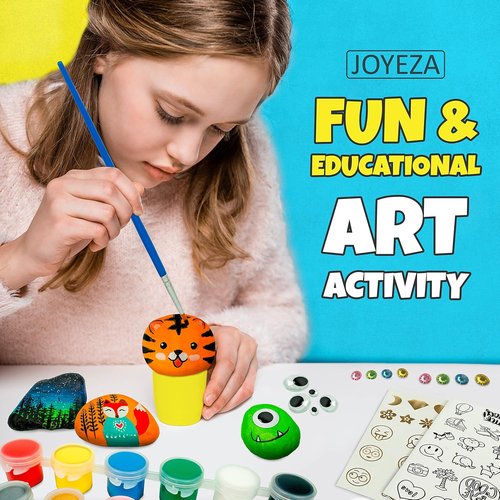 JOYEZA Rock Painting Kit Deluxe - Arts and Crafts Set for Kids Age 6+ | 12 Waterproof Rocks & Paints