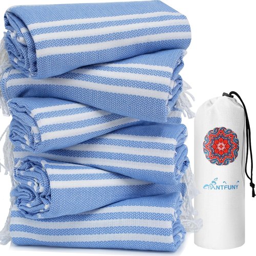 6 Pack Turkish Beach Towels Vacation Essentials with Bag Quick Dry Sand Free Soft Absorbent Adult Bath Pool Swim Long Wide Stripe Towel Cloud Linen Sandfree Mat Summer Thing Lightweight Travel Blue