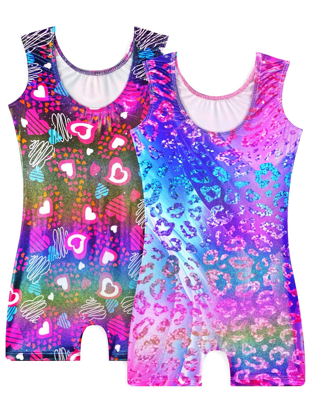 Snowheart Gymnastics Leotards for Girls - 2 Pack of Sparkly One-Piece Pro Kids Unitard Biketards with Shorts for Ages 2-9