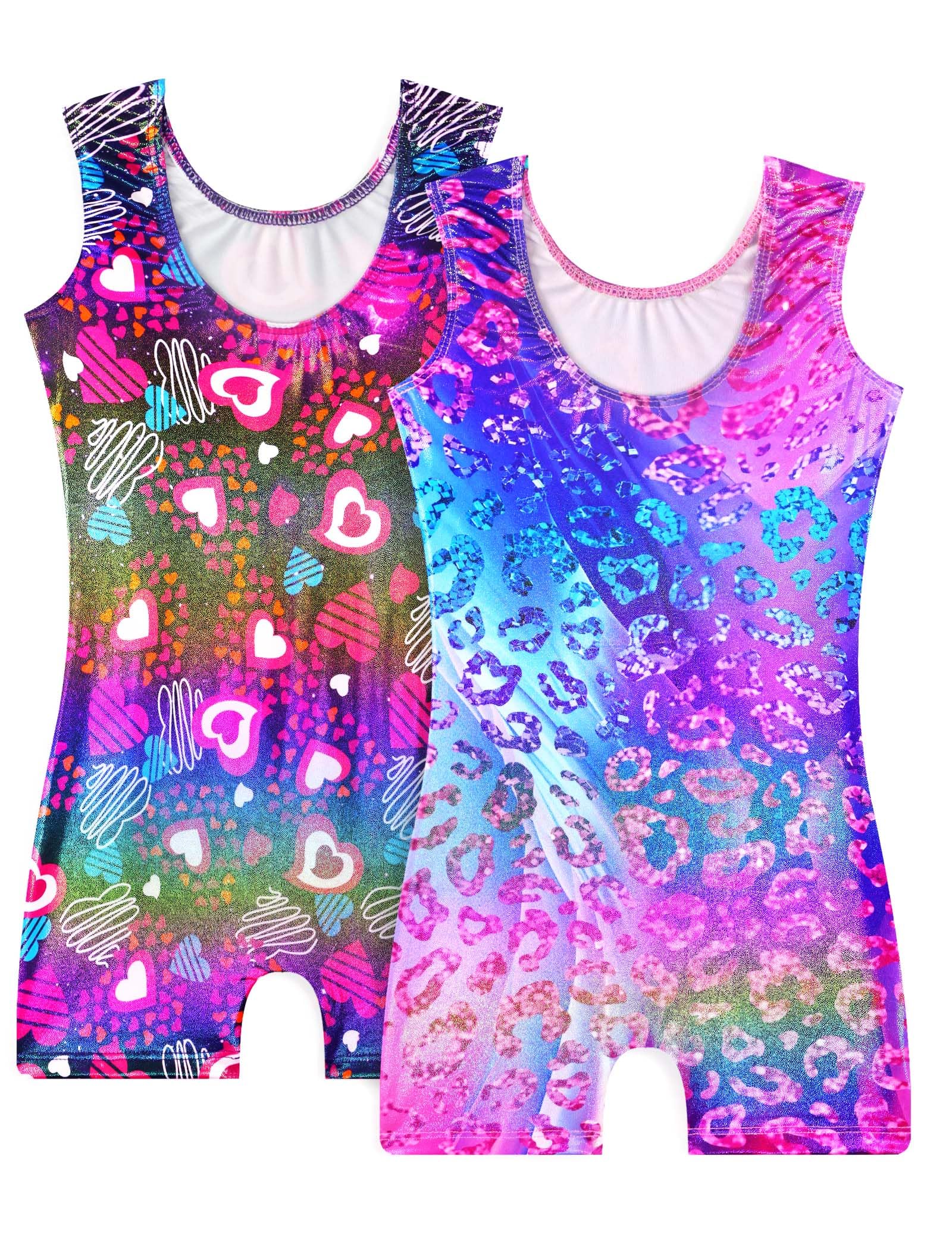Snowheart Gymnastics Leotards for Girls - 2 Pack of Sparkly One-Piece Pro Kids Unitard Biketards with Shorts for Ages 2-9