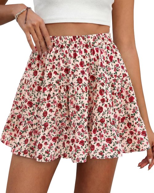 BTFBM Summer Skirts for Women 2026 Floral High Waist Shorts Underneath Boho Tiered Flowy Tennis Skorts Casual Mini Skirt(Floral Apricot Red, Large)