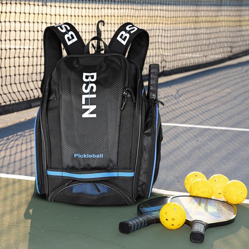 BSLN Pickleball Bag - Large Pickle Ball Sports Backpack with Padded Paddle Pockets & Large Bottom Sack for Shoes - Hanging Fence Hook, Storage Compartments for Laptop, Insulated Water Bottle (blue)