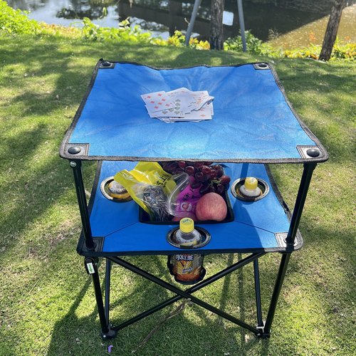 NiuXTool Portable Folding Camping Table with Cup Holders – Lightweight & Compact 2-Tier Outdoor Table with Storage, Ideal for Card Games, Snacks, Picnic, Tailgating & Camping (Blue + Black)