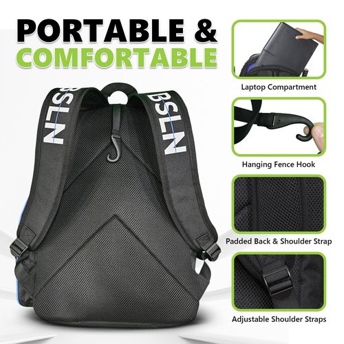 BSLN Pickleball Bag - Large Pickle Ball Sports Backpack with Padded Paddle Pockets & Large Bottom Sack for Shoes - Hanging Fence Hook, Storage Compartments for Laptop, Insulated Water Bottle (blue)