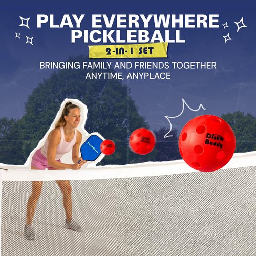 Dink Buddy - 2-in-1 Play Everywhere Pickleball Practice Set, Complete Bundle with 3 Kelso + 3 Standard Balls, 2 Pickleball Paddles, & 1 Drawstring Backpack