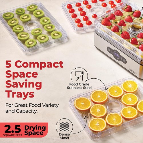 Magic Mill Food Dehydrator Machine - 5 Stackable Stainless Steel Trays, 48H Digital Timer & Adjustable Temp Control Up to 167° for Jerky, Fruits & Dog Treats