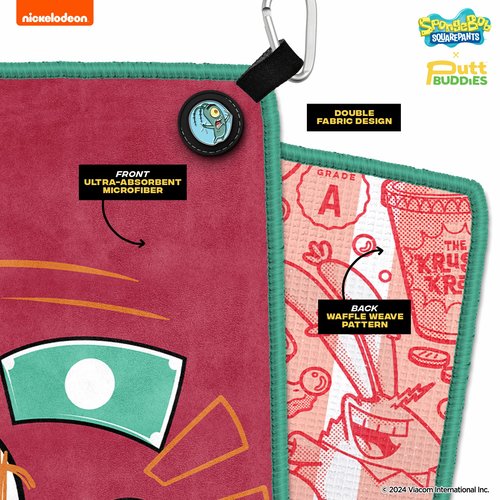 PuttBuddies Magnetic Golf Towel - Krusty Mr. Krabs, Attachable Plankton Ball Marker, Ultra-Absorbent Double Sided Microfiber Cleaning Towel - Officially Licensed Spongebob Golf Collection