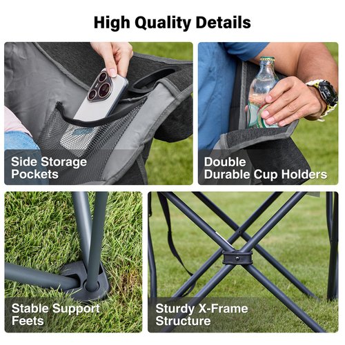 RELAX FIELD Oversized Camping Chair, Portable Folding Padded Camp Chairs with Side Pocket, Cup Holder, Heavy Duty Support 500LBS Outdoor Lounge Chair for Adults, Fishing, Sports, Trip, Black
