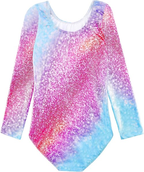 Belovance Gymnastics Leotards - Sparkly Rainbow Rhinestone Long Sleeve Bodysuits for Girls