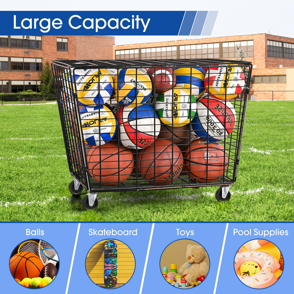 Mythinglogic Rolling Sports Ball Storage Cart, Sports Lockable Ball Storage Locker with Elastic Straps, Stackable Ball Cage for Garage Storage Garage Organizer (Large Set)