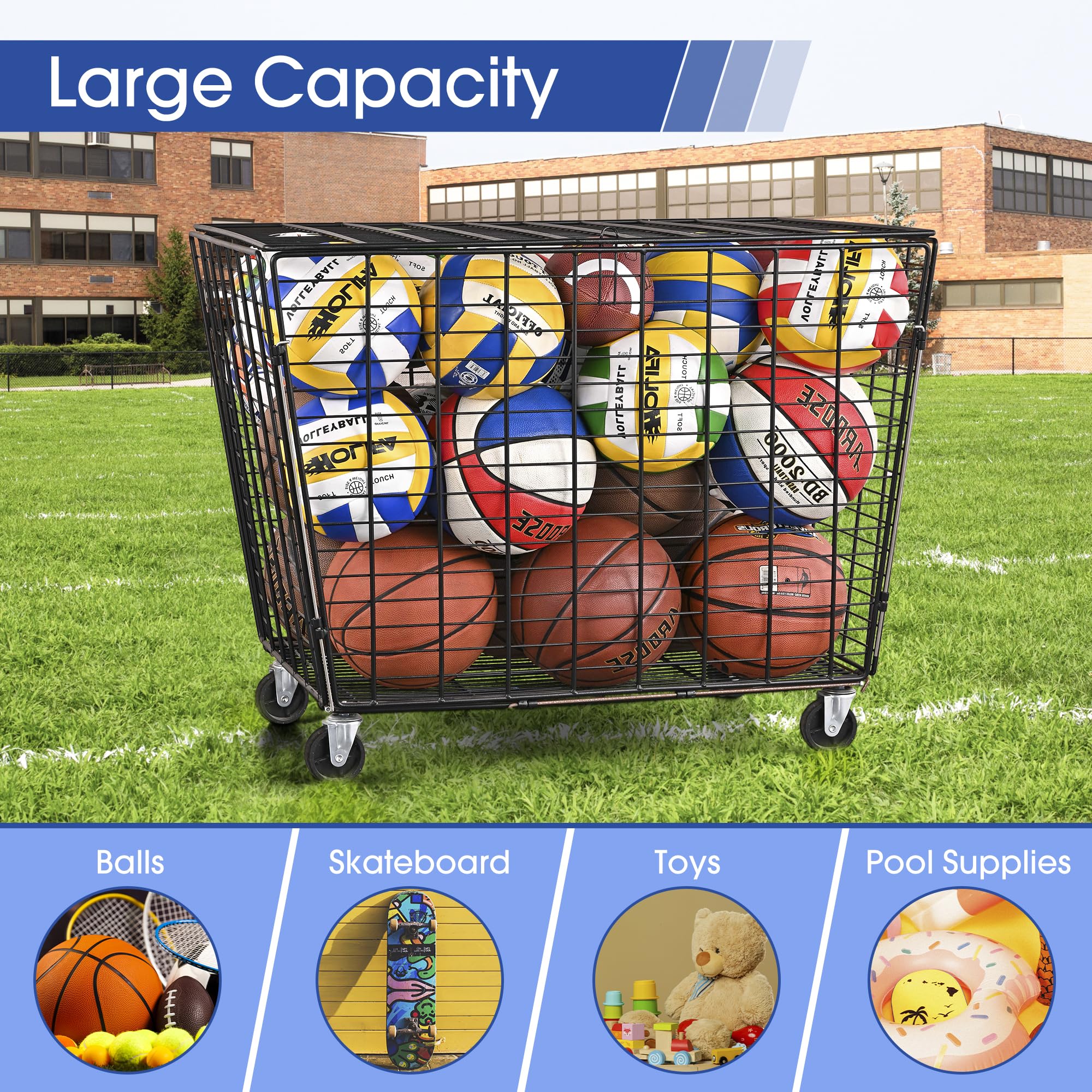 Mythinglogic Rolling Sports Ball Storage Cart, Sports Lockable Ball Storage Locker with Elastic Straps, Stackable Ball Cage for Garage Storage Garage Organizer (Large Set)