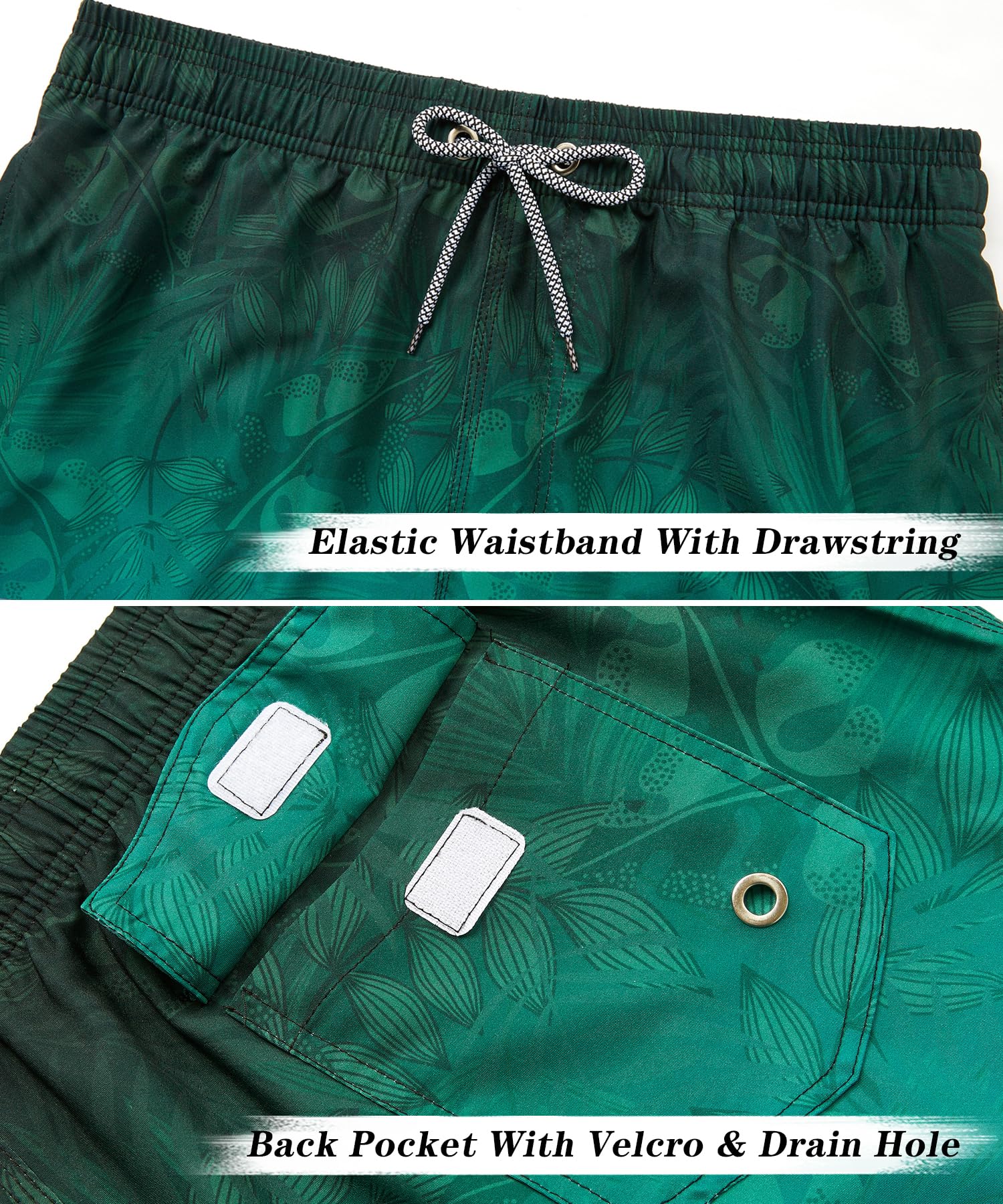 ELETOP Men's Swim Trunks Quick Dry Bathing Suit Swimming Board Shorts Mesh Lining Beach Swimwear Leaf Gradient Green XL