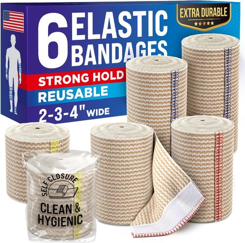 High-Performance Elastic Bandage Wrap - Self-Closing Compression for Legs, Ankles, Wrists | 6 Pack (2x2in, 2x3in, 2x4in) - Ideal for First Aid and Post-Surgery Recovery