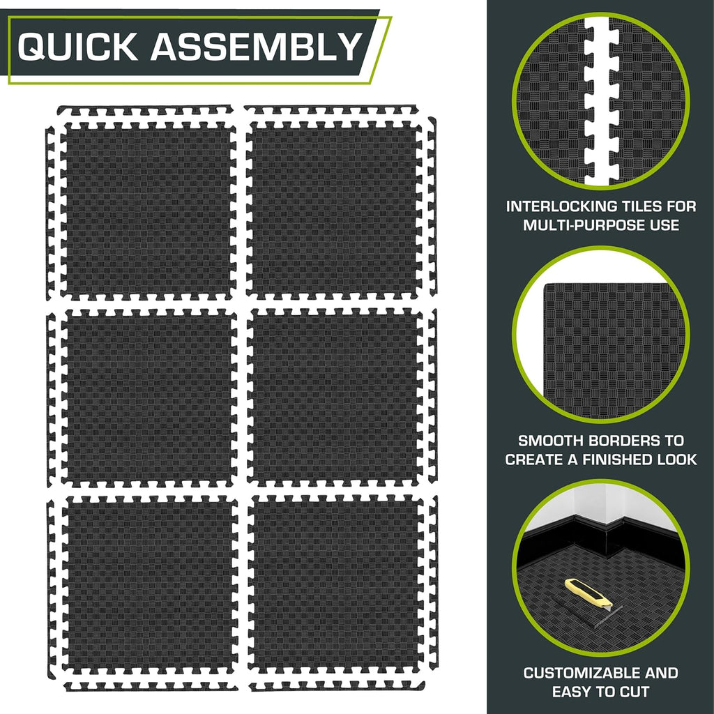 ProsourceFit Exercise Puzzle Mat - ½-Inch Checkered EVA Foam Tiles | Non-Slip, Shock Absorbing, Waterproof Gym Flooring, Black