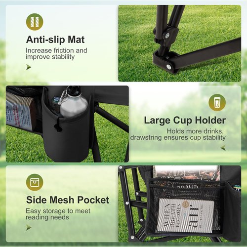LET'S CAMP Oversized Camping Chairs 29.52" High Back Heavy Duty Lawn Chair Support 500LBS, Portable Collapsible Chair with Cup Holder, Side Pocket(Black)
