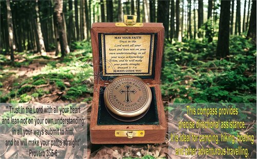 Engraved Compass by Trust in The Lord | Proverbs 3:5-6 Quote with Wooden Box & Greeting Card - Perfect Graduation Gift for All
