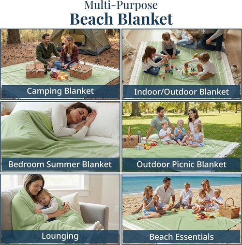 JadeLime Beach Blanket - Sandproof Lightweight Oversized Picnic Mat with Quick-Dry Comfort | 82"x82" Diamond Weave Design